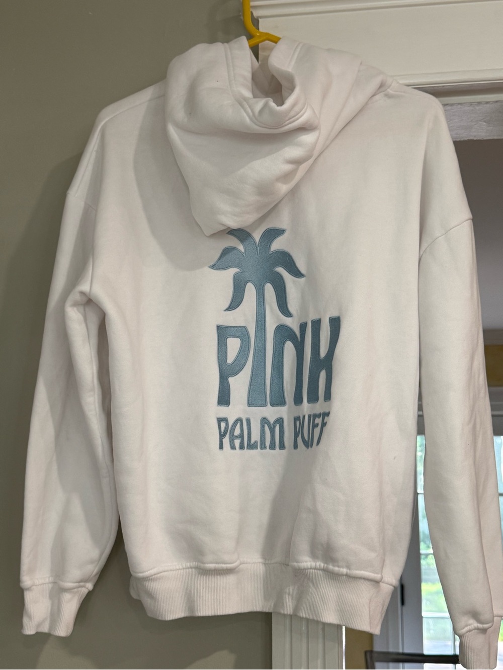 Pink Palm Puff White Sweatshirt, Size Small
